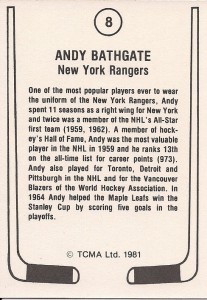 back of andy bathgate 1981-82 tcma hockey card new york rangers